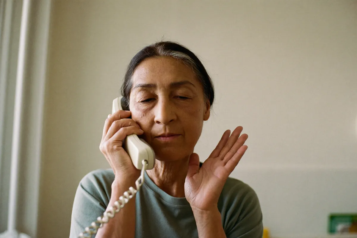 A woman apologizing on the phone with a small gesture the person on the other end cannot see, the reflex of over-apologizing