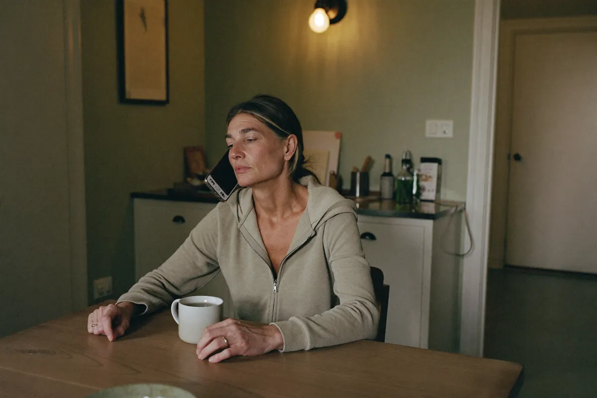 A woman in her forties takes a late phone call alone at her kitchen table, the ordinary night-time work of strong friend syndrome