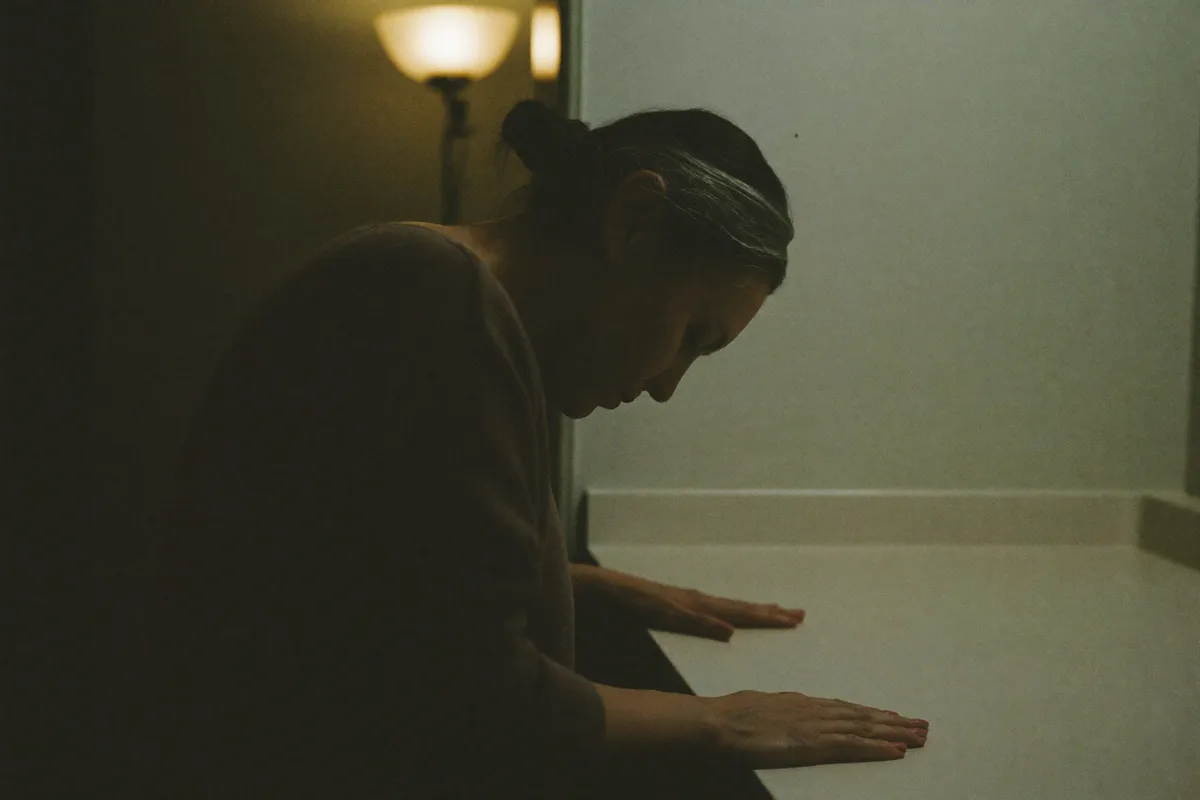 A woman in her forties alone at the kitchen counter late at night, the last one awake after everyone else has gone to bed
